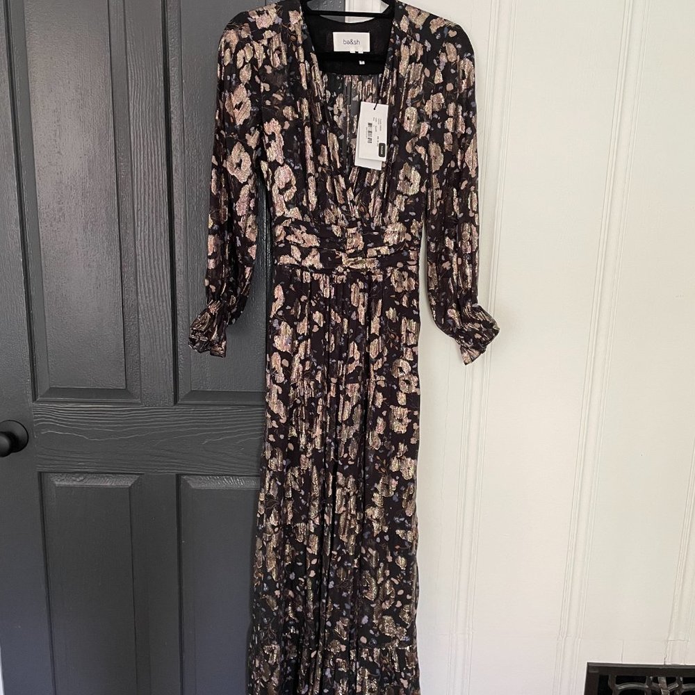 BA&SH Tilane Black Gold Metallic Printed V Neck Long Sleeves Maxi Dress Size 0
